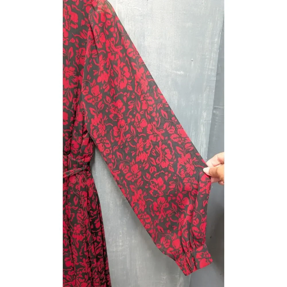 Torrid Black Red Midi Dress 00 Large V Neck sheer Balloon Sleeve Pockets - Picture 5 of 14